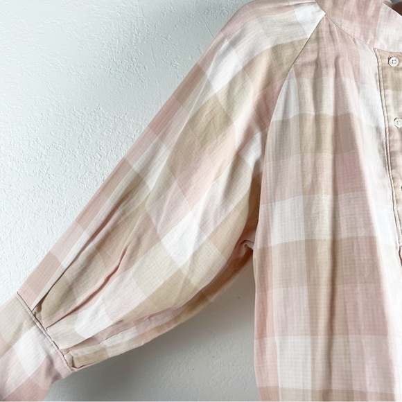 Joie Dia Plaid Balloon Sleeve Split Neck Cotton Blouse Cream Pink Large - Picture 4 of 7